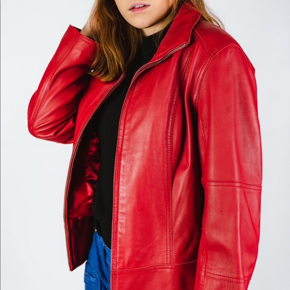 ANDREW MARC NEW YORK RED LEATHER ZIP UP JACKET - Picture 5 of 6